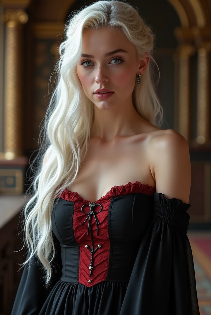 Beautiful young woman with androgynous features, long platinum or silver blonde hair and violet eyes/ripped lilac. White skin. high. hourglass body.
She wears a black dress with red details, shoulders, collarbone and neck exposed.
House of the dragon. Targaryen. Royals.