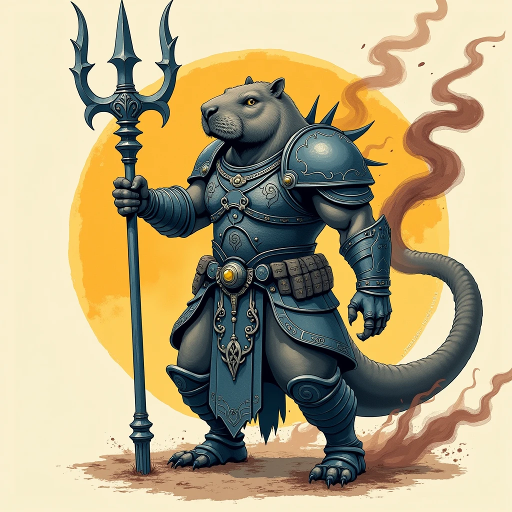 Capybara of poseidon mythology, wearing ornate armor, wielding his gray/blue tridente, minimalist black and white ink painting, vector art style, brown Hoop Rod made of swirling smoke, isolated on a solid color background, inspired by Kentaro Miura's manga, high-contrast shadows, dark fantasy, realistic textures, watercolor splashes, cinematic lighting, dramatic, dark yellow and red colors, visible paper texture, masterpiece