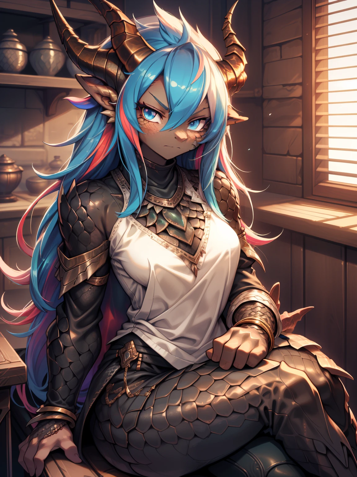 HD, Detailed eyes, detailed face, dynamic lighting, heavy shadows, (dragan), woman, antrum, 1girl, alone, delicate body, slim body, far, , bracelets, multicolored hair, long hair, horns, dragon horns, anime style, high quality, best quality, flaking skin, sitting, sitting in a chair, in a room, crossed legs, realistic style, scales, dark scales, leg with scales on thigh, arms with scales, face with scales, dark skin,  Flaky skin, textured scale, closed clothes, closed pants, white t-shirt, long sleeve blouse, black blouse,