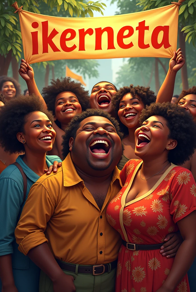 Make me a group of fat, dark-skinned people who are laughing, and ahead there are some letters that say IKERNETA, that it be type like cover
