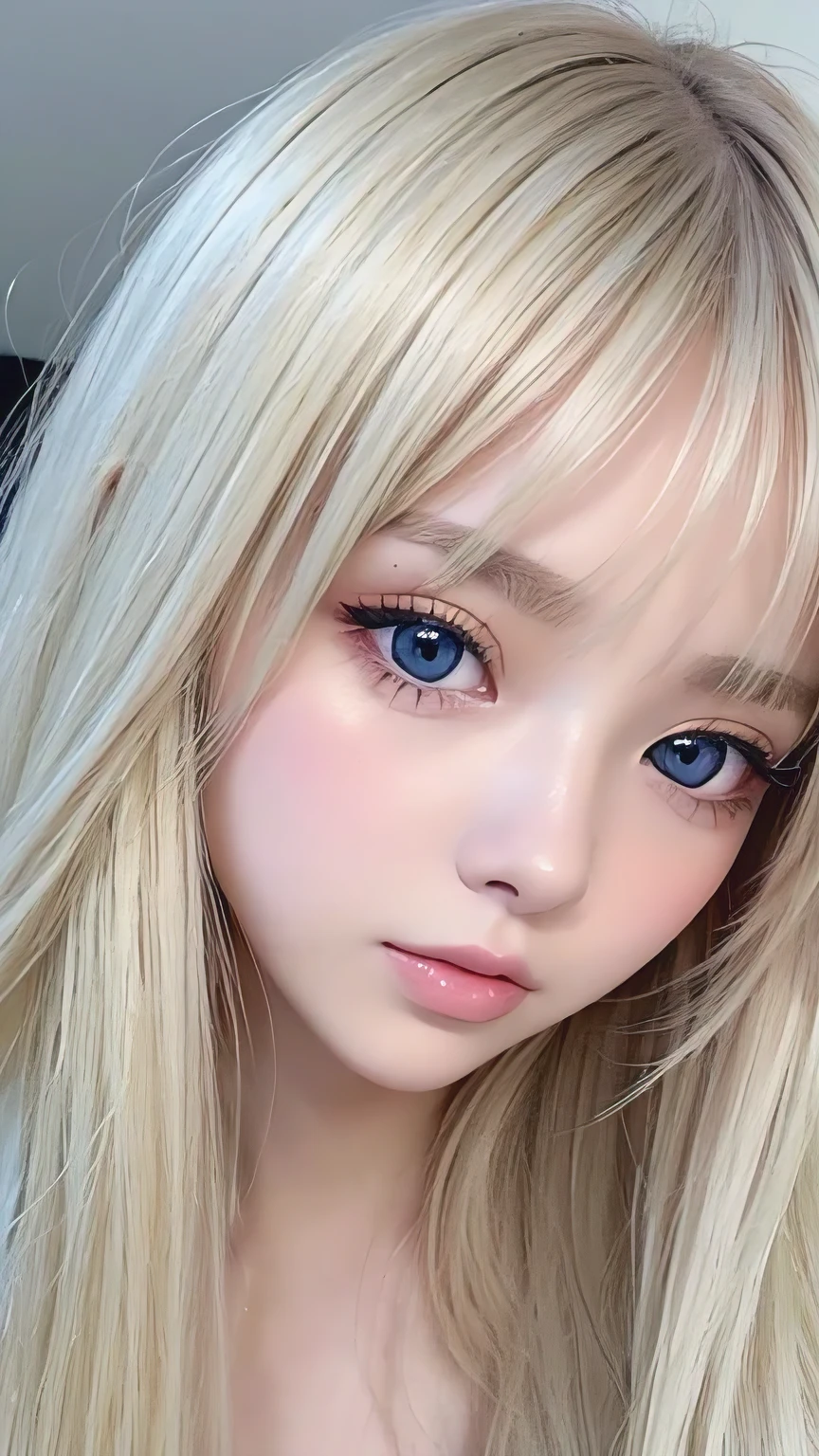 A perfectly beautiful face、Messy silky beautiful blonde hair、1 beautiful cute、Very beautiful beautiful bright pale sky blue big eyes、Very super long beautiful blonde silky shiny hair、Long beautiful bangs、Very big eyes、Small Face Beauty、eyeliner、very white shiny skin、Gloss Face、Cheek gloss、Hair above the eyes、片Hair above the eyes、Hair between the eyes、