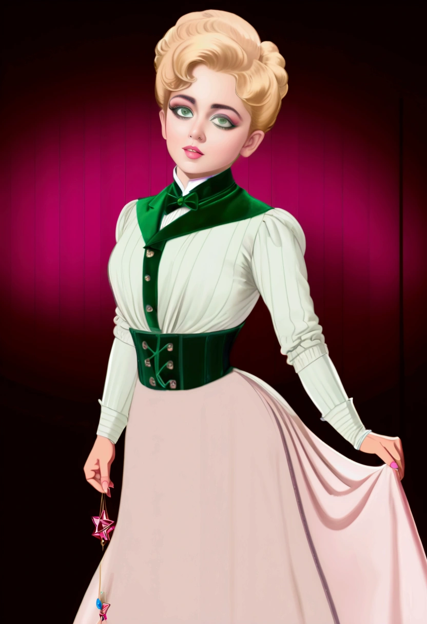 Lola Loud as a (((slutty 10yo blonde Gibson Girl seducing a dirty 69yo gentleman at a beauty pageant))). Year 1902. 1900_dr3ss. Pink high-collar long sleeve shirtwaist, ornate picture hat, long skirt, petticoats, silk stockings, boots. (((Big green eyes))). Thotty demeanor. Hourglass figure. Flat chest, wasp waist, bubble butt. Edwardian setting.