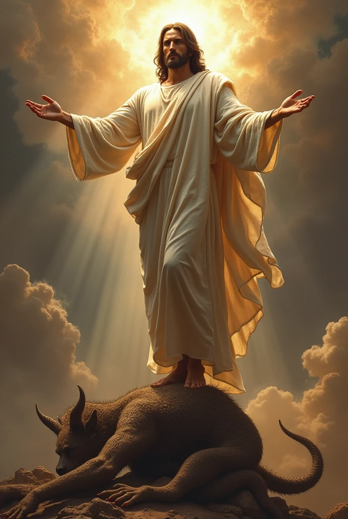 Jesus stepping on Satan's head