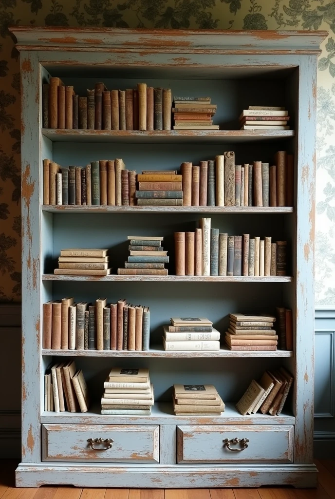 Forward facing extra wide open book shelves with books of different sizes shabby chic stile distressed