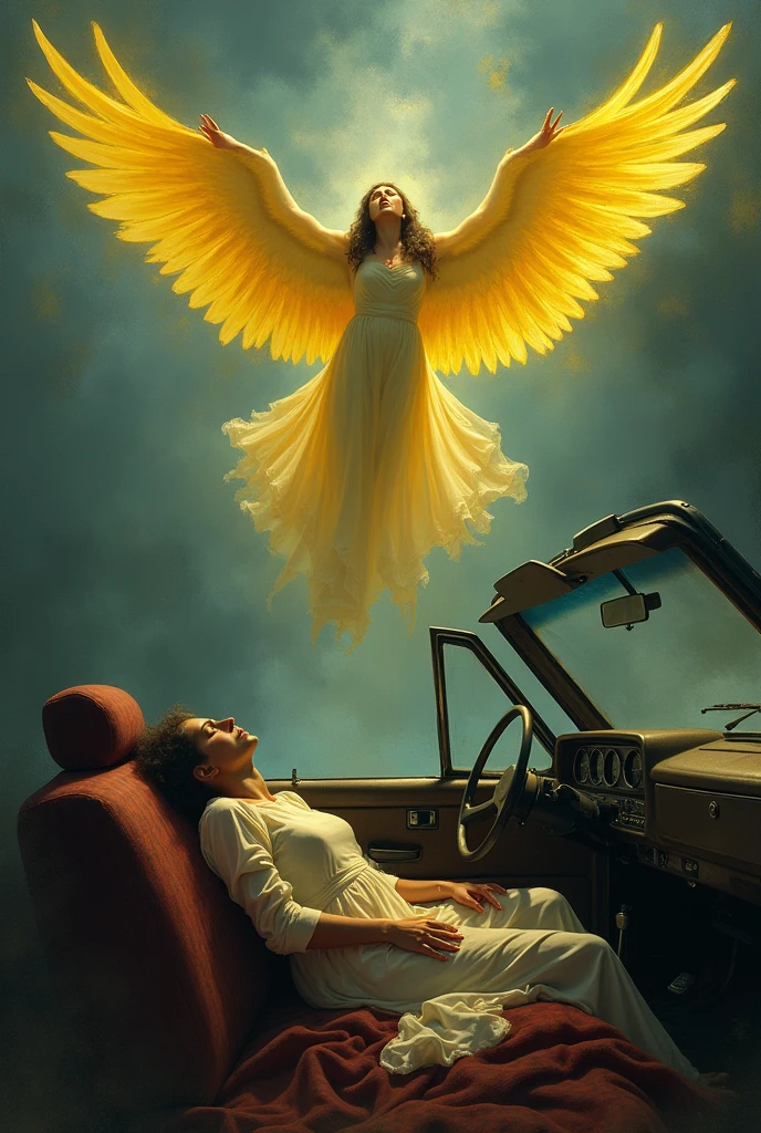 Paint a picture based on this description: A woman&#39;s body in the carcass, leaning over the steering wheel. bloodied, she was evidently dead. your spirit, Your soul, detaching itself from the  like a huge bird with yellow wings like an angel, taking flight to the sky.