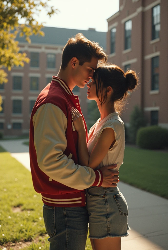 Athlete in football jacket kissing boy at school 80s