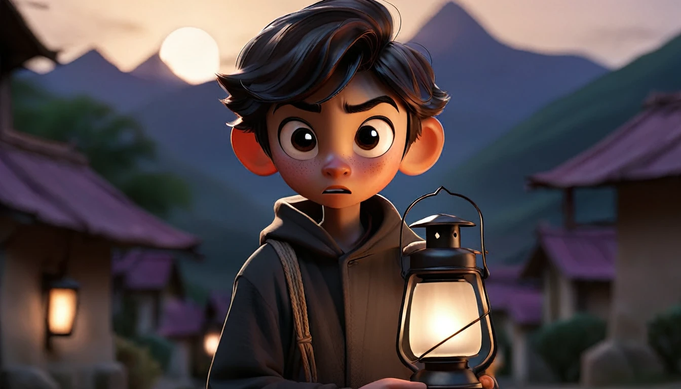 A boy with an expression of fear and determination, holding a small unlit lantern, in a village surrounded by mountains at dusk. The houses in the background are starting to be enveloped by darkness.