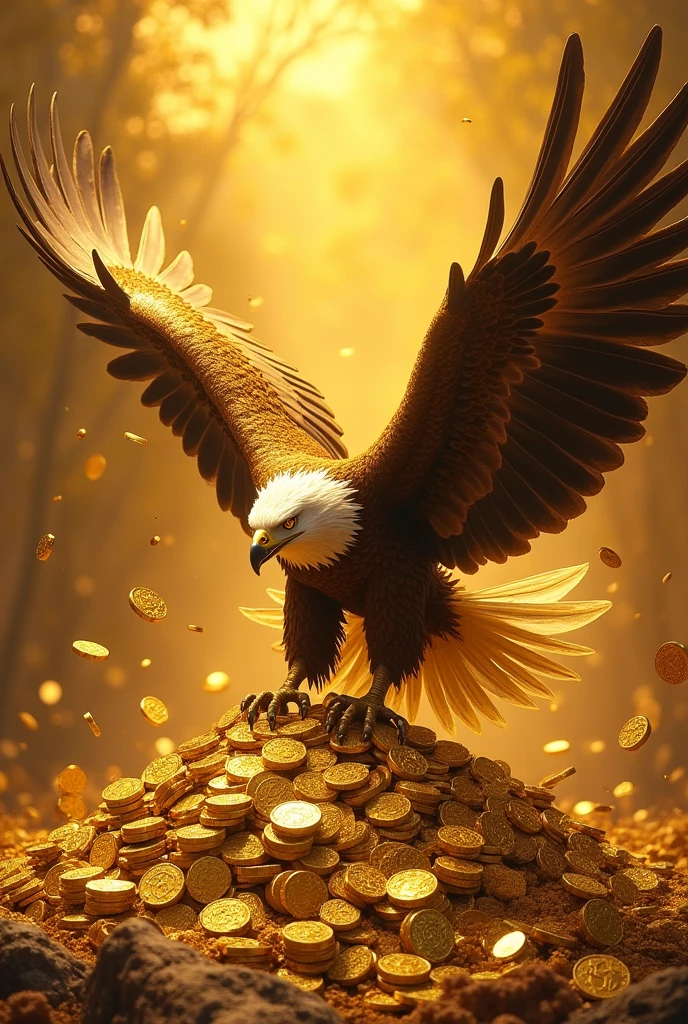 create an image with eagle, a lot of money, gold coins and lots of gold