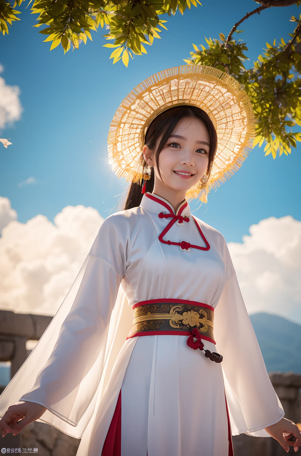 A girl, ancient Chinese costume, whole body, sunshine, clear face, clean white background, masterpiece, super detail, epic composition, ultra HD, high quality, extremely detailed, official art, uniform 8k wallpaper, super detail, 32k