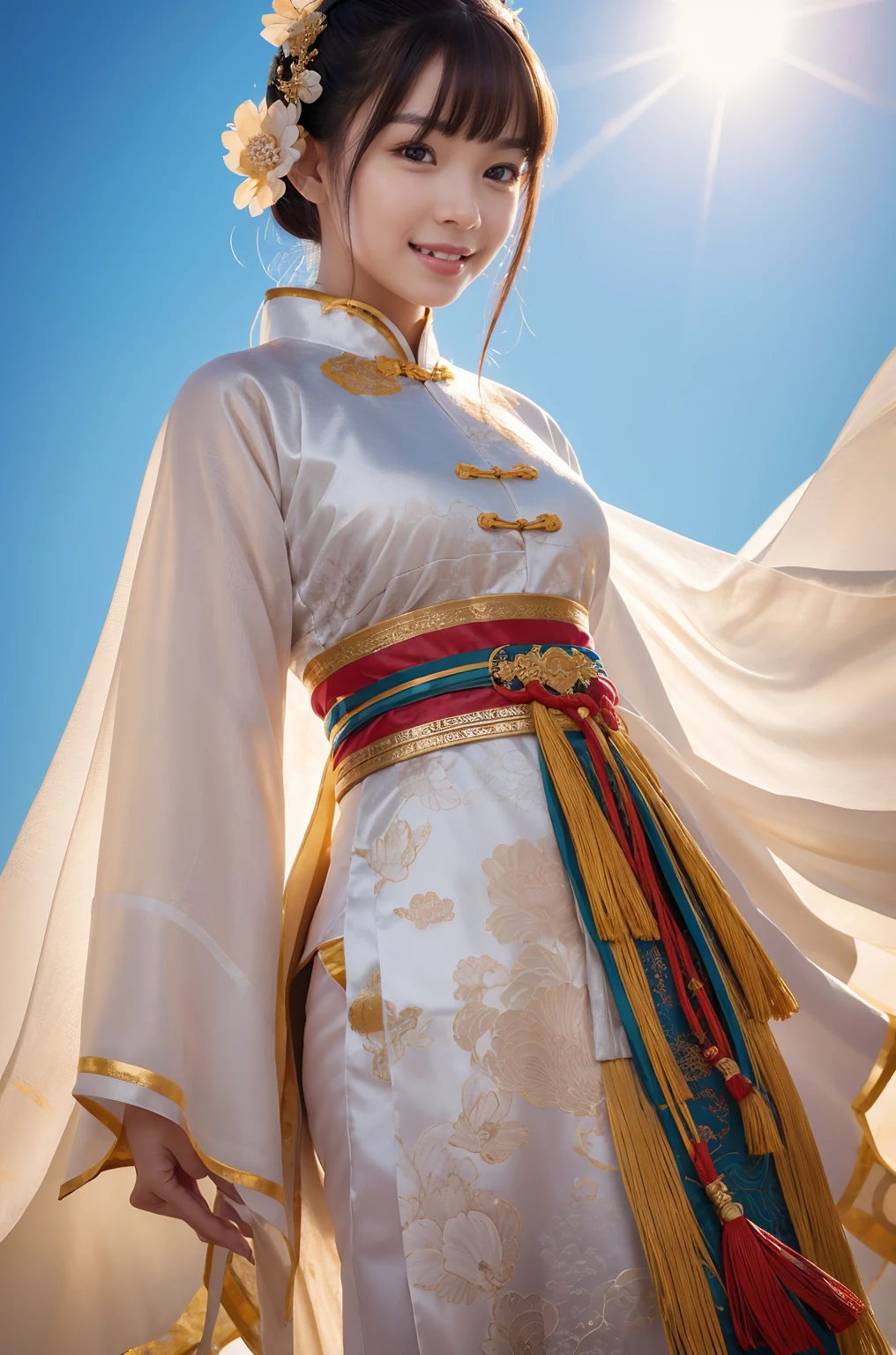 A girl, ancient Chinese costume, whole body, sunshine, clear face, clean white background, masterpiece, super detail, epic composition, ultra HD, high quality, extremely detailed, official art, uniform 8k wallpaper, super detail, 32k