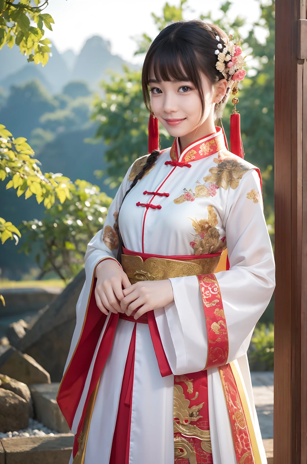 A girl, ancient Chinese costume, whole body, sunshine, clear face, clean white background, masterpiece, super detail, epic composition, ultra HD, high quality, extremely detailed, official art, uniform 8k wallpaper, super detail, 32k