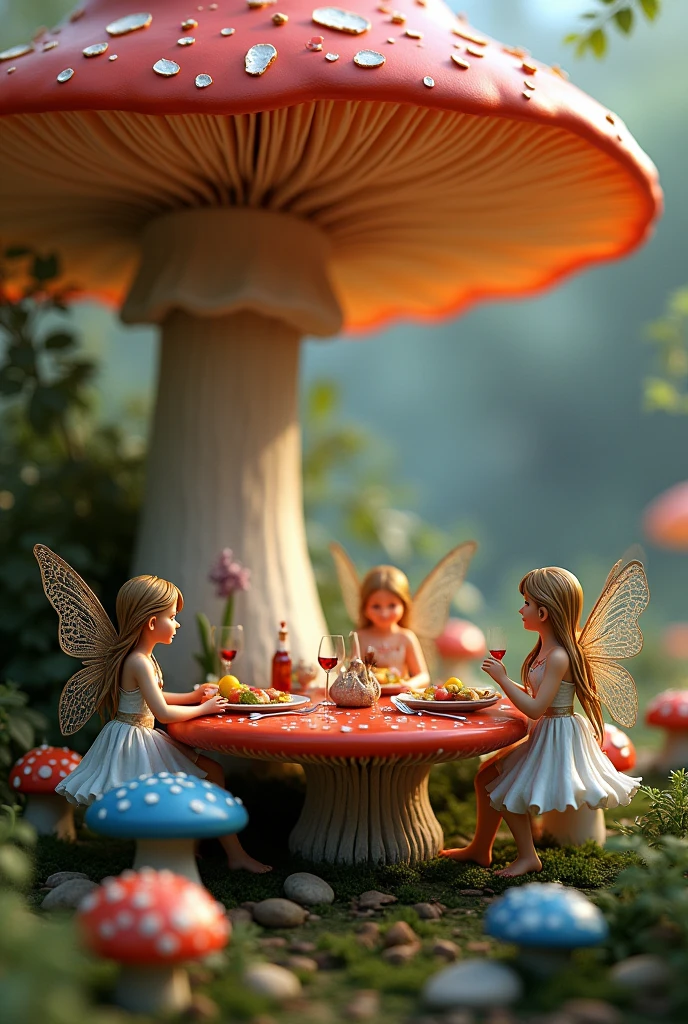 (fantasy) large stemmed red mushroom table with blue mushroom chairs with fairies sitting on it while eating at the mushroom table under a larger mushroom that provides shade 