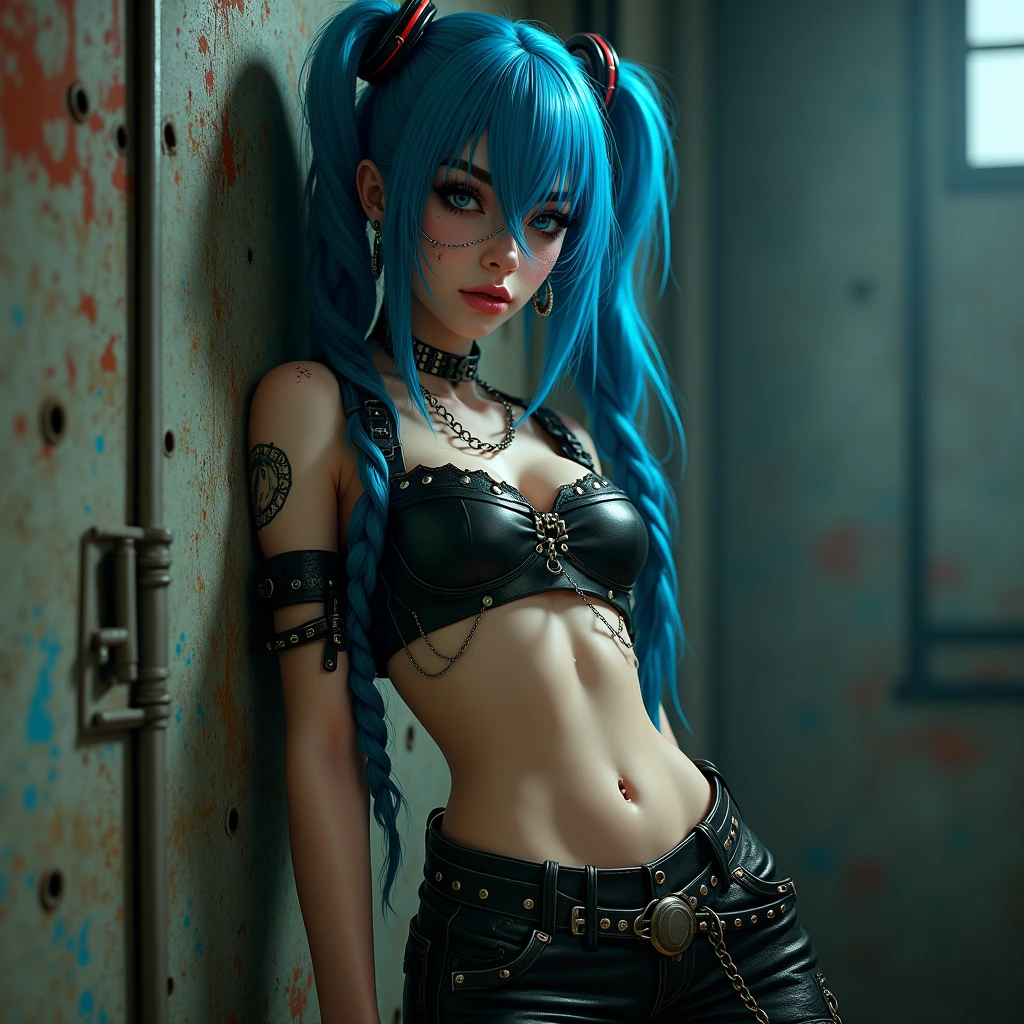 Best Quality, Cute jinxed girl with blue hair, (blue hair hyper long braided tail), (hair over one eye), (construct and punk background), low light, Very dark eyeliner, jinxlol, Lovely, cyber punk, way there, , young man looking, hyper detailed face, detailed skin, dark heavy eyeliner, (huge breast),sleeveless cropped leather shirt with metal eyelets and ropes, ((tight leather pants, dirty and worn)), LowriseXL, ((belt bra)), ((lean against the wall)), (((three bullet belts))), (((three studded belts))), exposed abdomen, ((navel piercing)), ((navel piercing)), (thigh belt), Leather gloves with free fingers and nails painted blue and fuchsia, ((many hip chains)), ((rock hard abs)), put weight on one leg, Perfect blue eyes, muddy skin, wet skin, oily skin, ((sit with legs open and knees bent)), photorealism