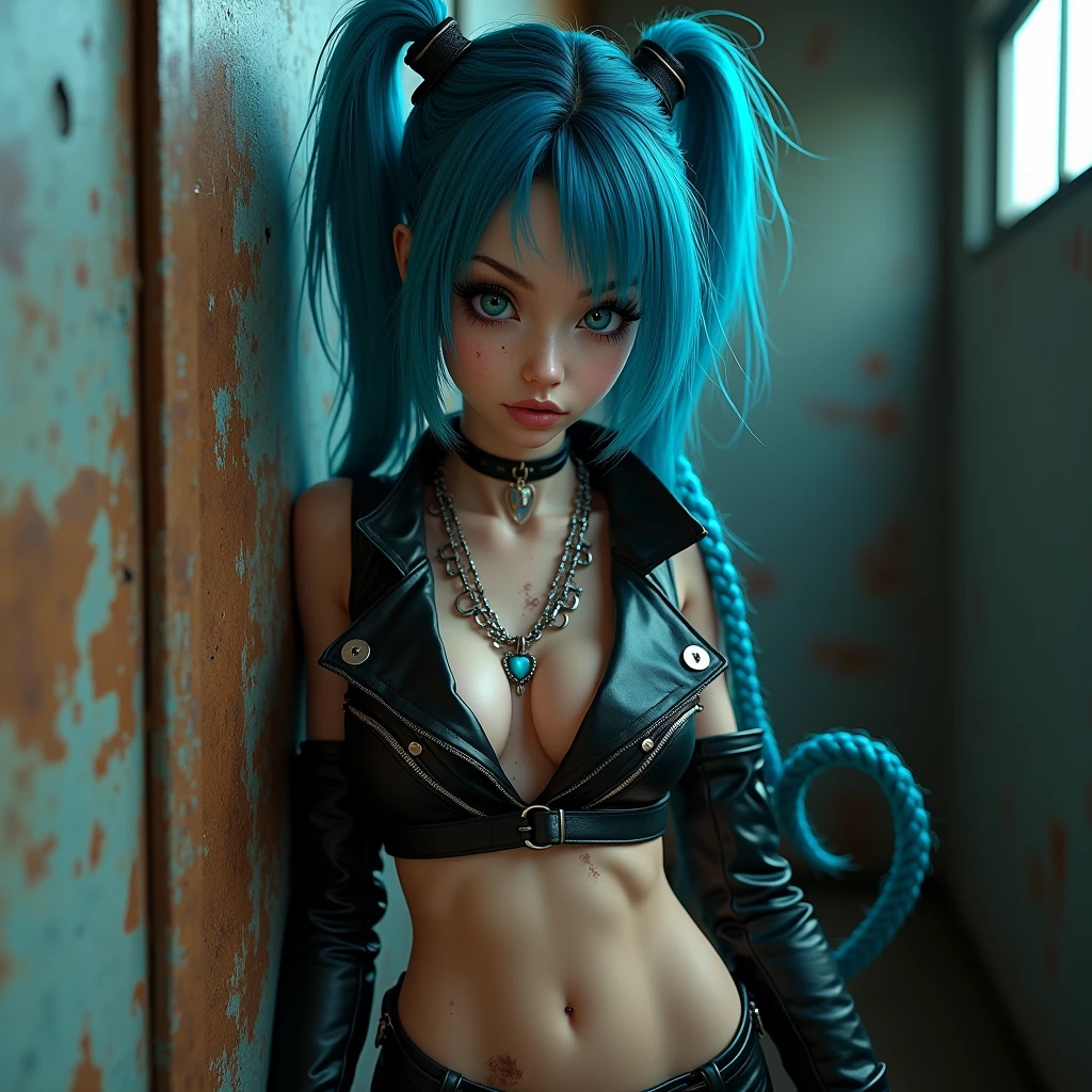 Best Quality, Cute jinxed girl with blue hair, (blue hair hyper long braided tail), (hair over one eye), (construct and punk background), low light, Very dark eyeliner, jinxlol, Lovely, cyber punk, way there, , young man looking, hyper detailed face, detailed skin, dark heavy eyeliner, (huge breast),sleeveless cropped leather shirt with metal eyelets and ropes, ((tight leather pants, dirty and worn)), LowriseXL, ((belt bra)), ((lean against the wall)), (((three bullet belts))), (((three studded belts))), exposed abdomen, ((navel piercing)), ((navel piercing)), (thigh belt), Leather gloves with free fingers and nails painted blue and fuchsia, ((many hip chains)), ((rock hard abs)), put weight on one leg, Perfect blue eyes, muddy skin, wet skin, oily skin, ((sit with legs open and knees bent)), photorealism