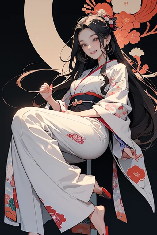 A beautiful woman smiles and shows her upper white teeth、Vividly colored Japanese Ukiyo-e style illustrations、(SeaArt creates stunning illustrations of beautiful women in kimono)、Brown-black long hair、Beautiful full body style、Let's dance a little Tokyo Ondo Yoiyoi、Beautiful digital painting,、Bright vibrant digital anime art、 Detailed digital anime art、 Beautiful anime portraits、background、Torii gate of a shrine in Kyoto, Japan、Detailed CG、