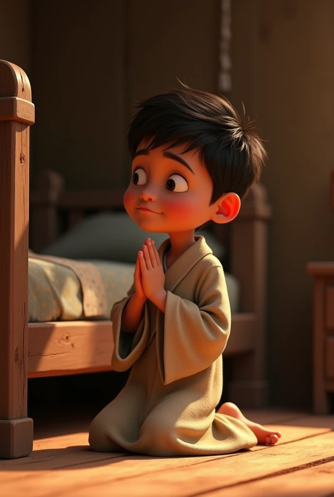  boy kneeling in robe praying beside his wooden bed animated pixar
