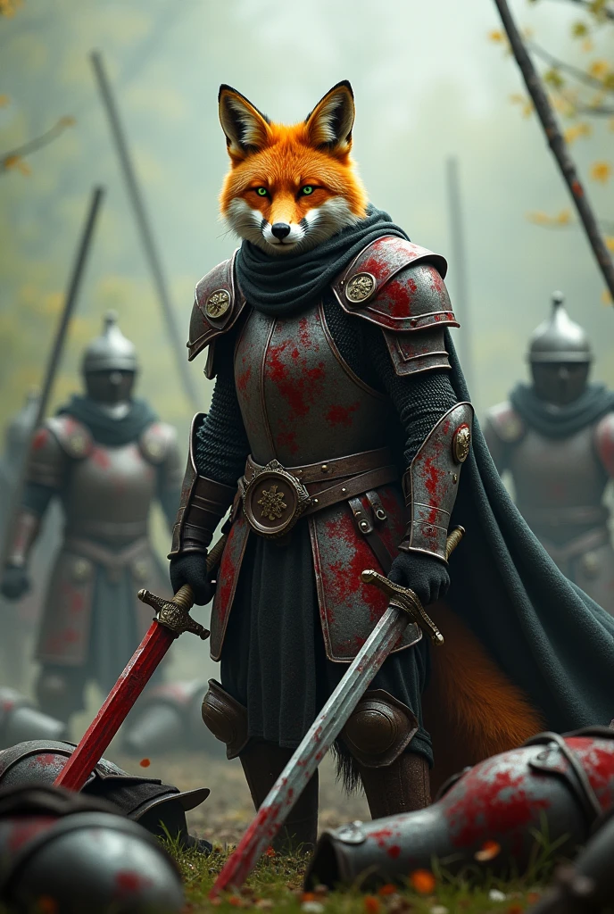 A orange fox in armor, covered in blood, with green eyes stands on a field where there are many knights in black armor, with two swords in their hands, a calm muzzle