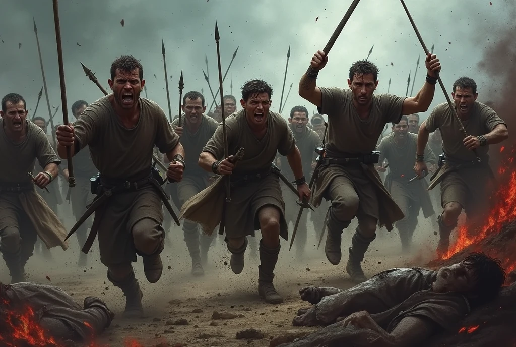 A realistic and intense visual depiction of the lowest-ranking soldiers in the Iron Talon mercenary band charging toward the enemy. The scene is chaotic and bloody, capturing the brutal nature of battle. Some of the young, inexperienced soldiers are shown wearing light or no armor, equipped with basic and low-quality weapons like rusty swords and crude spears. Arrows rain down upon them; several soldiers are hit, some stumbling to the ground, others lying dead or dying. The faces of those still charging are filled with desperation and determination, despite the carnage around them. The background is a dark, stormy battlefield, adding to the grim atmosphere.