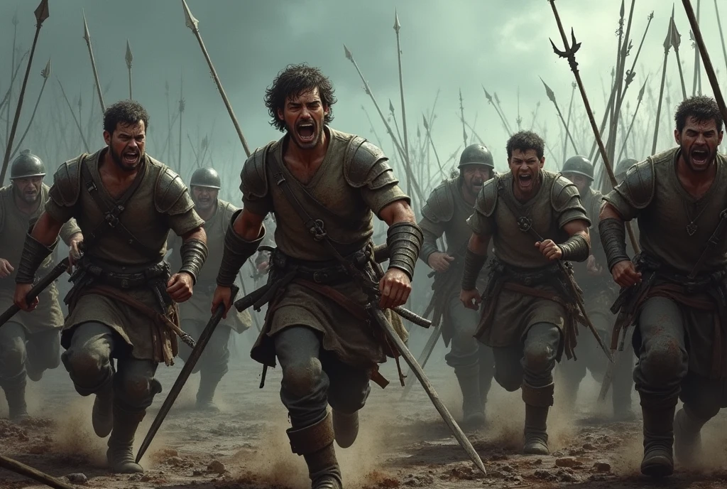 A realistic and intense visual depiction of the lowest-ranking soldiers in the Iron Talon mercenary band charging toward the enemy. The scene is chaotic and bloody, capturing the brutal nature of battle. Some of the young, inexperienced soldiers are shown wearing light or no armor, equipped with basic and low-quality weapons like rusty swords and crude spears. Arrows rain down upon them; several soldiers are hit, some stumbling to the ground, others lying dead or dying. The faces of those still charging are filled with desperation and determination, despite the carnage around them. The background is a dark, stormy battlefield, adding to the grim atmosphere.