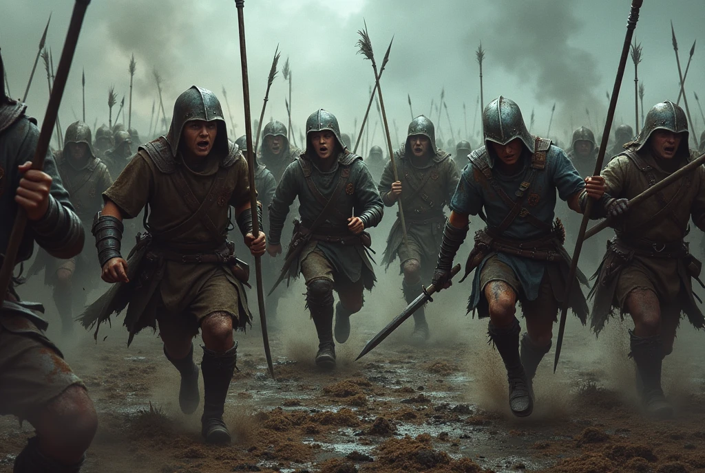 A realistic and intense visual depiction of the lowest-ranking soldiers in the Iron Talon mercenary band charging toward the enemy. The scene is chaotic and bloody, capturing the brutal nature of battle. Some of the young, inexperienced soldiers are shown wearing light or no armor, equipped with basic and low-quality weapons like rusty swords and crude spears. Arrows rain down upon them; several soldiers are hit, some stumbling to the ground, others lying dead or dying. The faces of those still charging are filled with desperation and determination, despite the carnage around them. The background is a dark, stormy battlefield, adding to the grim atmosphere.