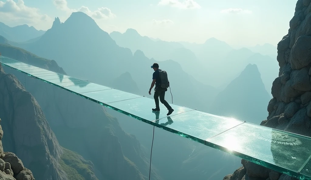 glazier walking on glass bridge