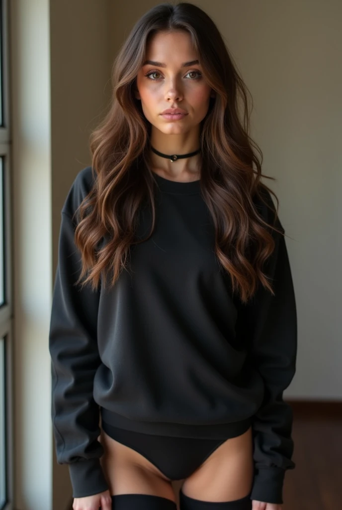 Brown hair beutiful brown eyes. . Large sweatshirt. TIght black spandex leggings, No underwear. With her legs splayed wide open. Flustered. porn slut. Showing tits horny