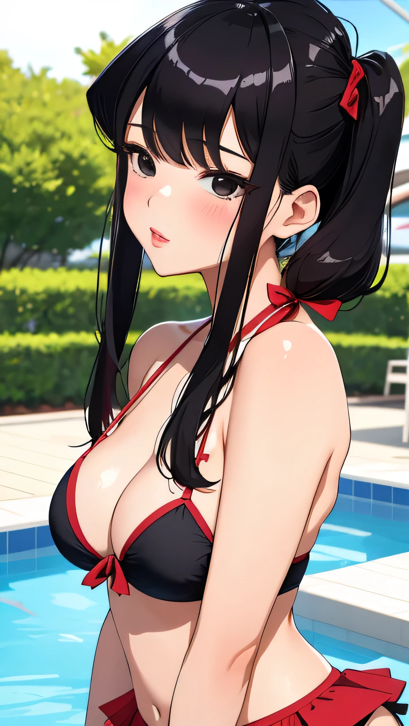 best quality, 1girl, Komi Shouko, masterpiece ultra detailed, illustration, glossy lips, blush, lips parted, short hair, twintails, standing, from behind, (bikini with microskirt), pool