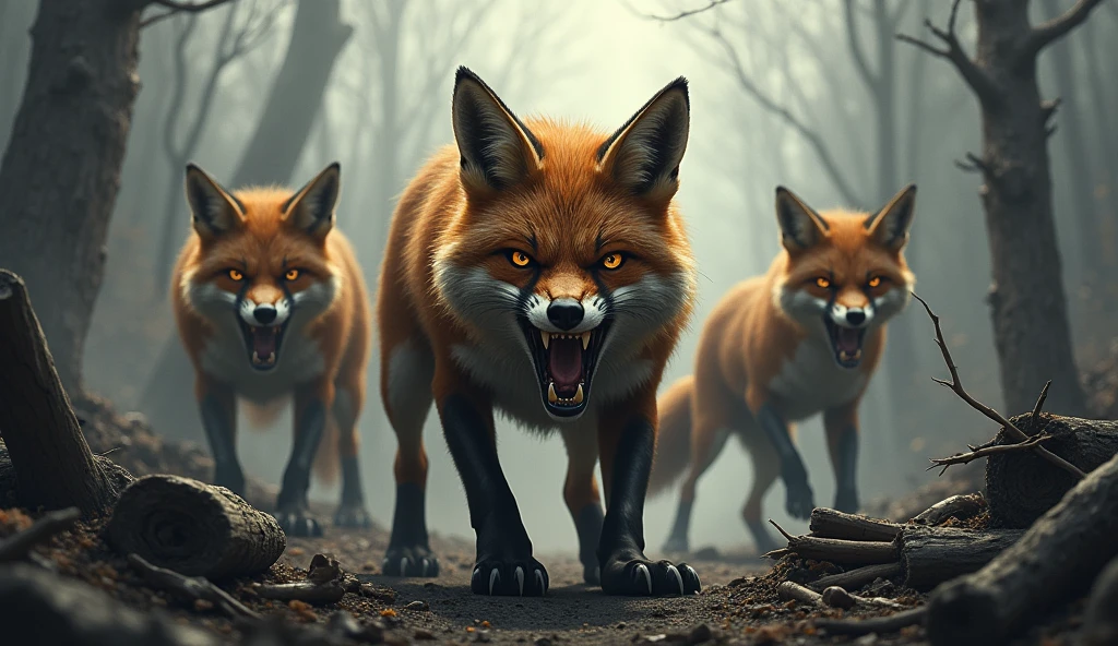 ANGRY FOXES IN THE DESTROYED BLACK FOREST