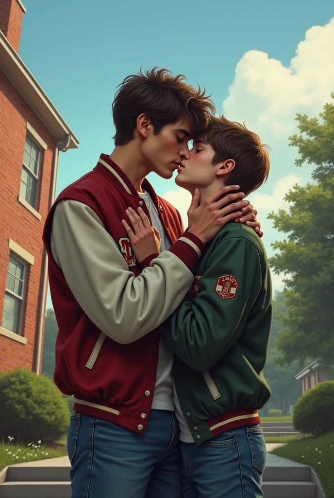 Athlete in football jacket kissing gay boy at school 1980s