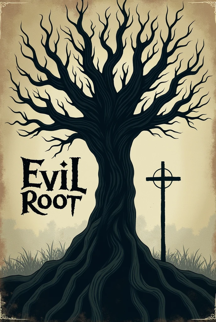 Create a cover for my book which is about horror ,His name is evil root, there has to be a tree, the name evil root and a cross, but make a vintage image and make it a little minimalist.