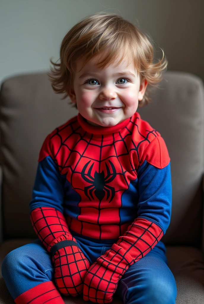  child, facing the front, seated in a chair, dressed as spiderman. 