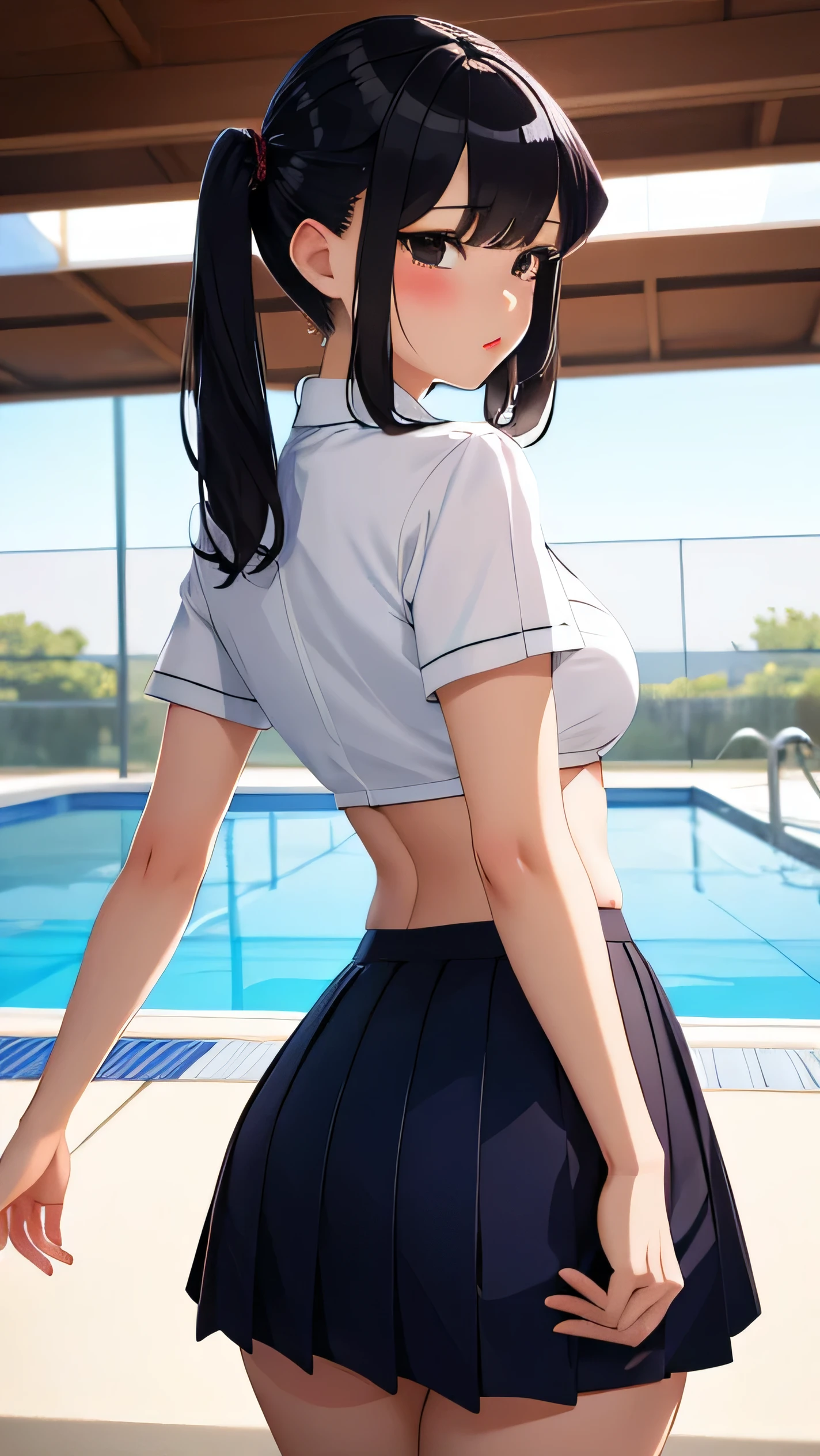 best quality, 1girl, masterpiece ultra detailed, illustration, komi shouko, glossy lips, blush, lips parted, short hair, twintails, standing, from behind, (microbikini with microskirt), pool