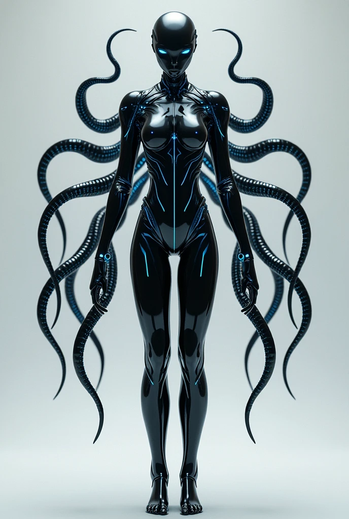 A black robot with human like appearance with blue lights and like 30 tentacle like ropes for hands instead of palms and fingers that can extend and stretch