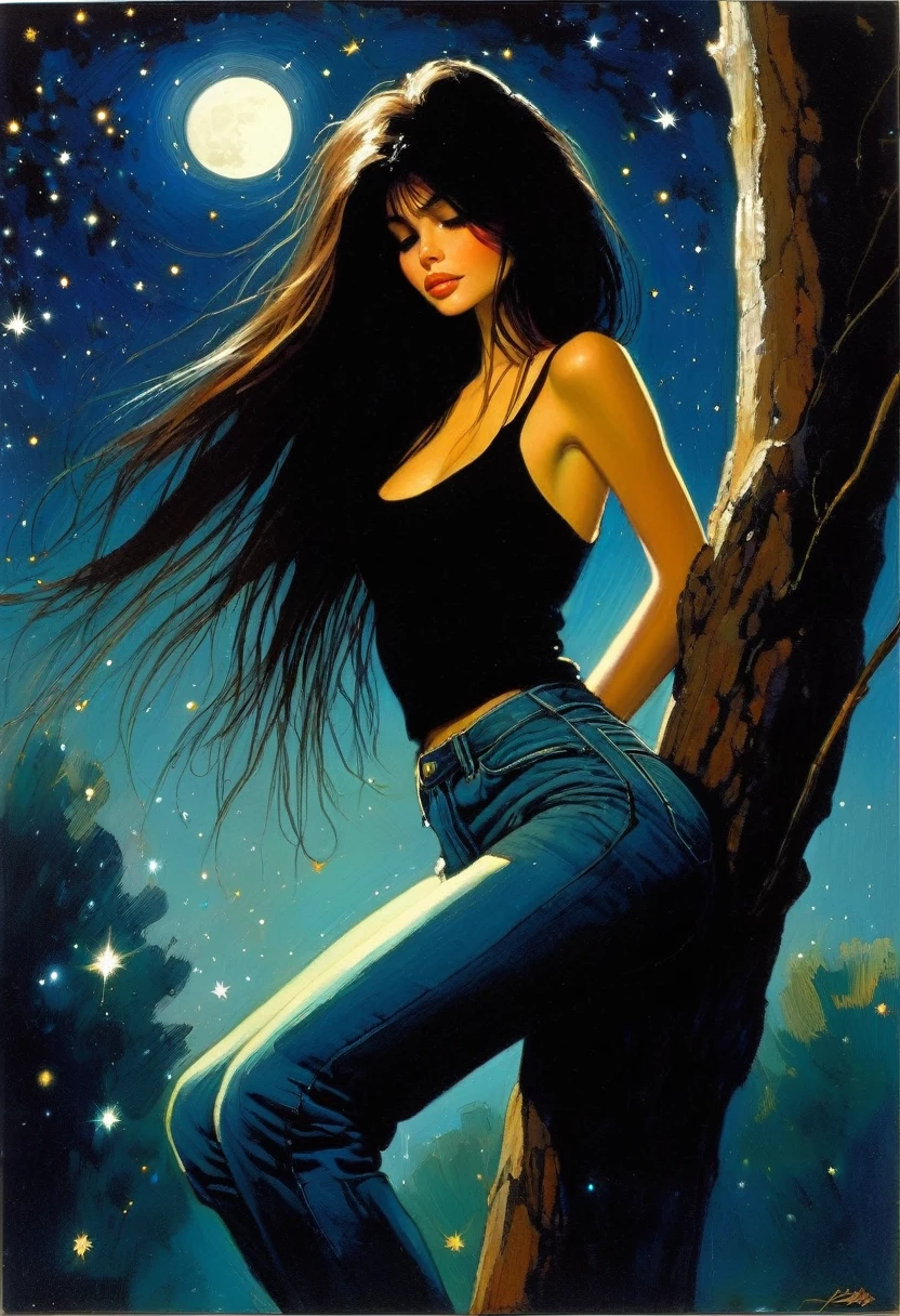 very sexy girl, black tank top and jeans, long straight dark brown hair, small breasts, has fun, {sitting on a high tree branch}, ((from bottom)), magic, fantastic, night sky, moon, stars, background, alone, very beautiful, cute, adorable, embarrassed, alone,glowify (simple oil painting in a style to Bill Sienkiewicz)
