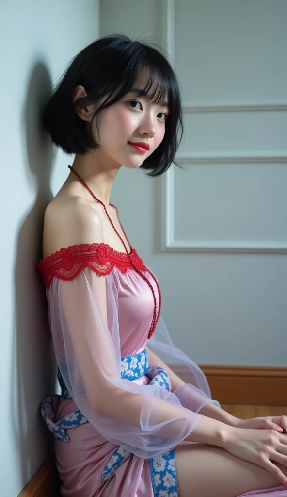 (raw photos, best quality, Masterpiece: 1.2), (realistic: 1.4), best light, 20 years old, (Light black hair, Short bob cut, 7 parts of hair, Hair on one ear, :1.15), (Symmetrical clear blue eyes, alone, medium sized breast, Fine skin, :1.2), ((Light grey walls and floors, photo studio, Sitting on the floor, Sit against the wall., Short-length pink and blue transparent off-shoulder kimono,Silk pants, Red lace necklace, smile,  Slender necklace, Wear black high heels, Clean legs, movie lights, Spectacular appearance, from the side))