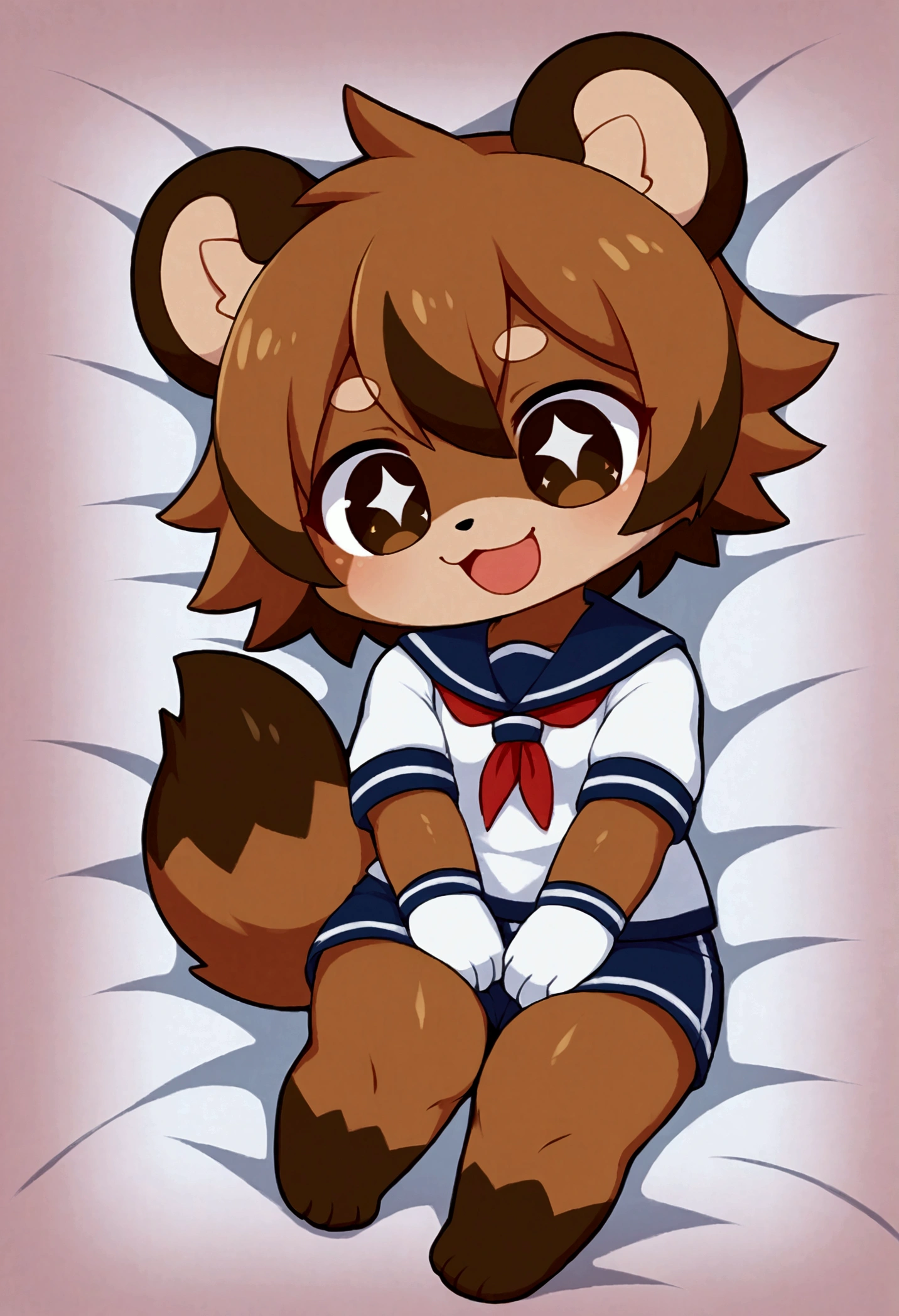 girl, tanuki, furry, bodyfur, tail, sailor suit, short sleeves, jersey pants, long pants, white gloves, barefoot, chibi, sparkling eyes, happy, full body, hand between legs, bed, lying