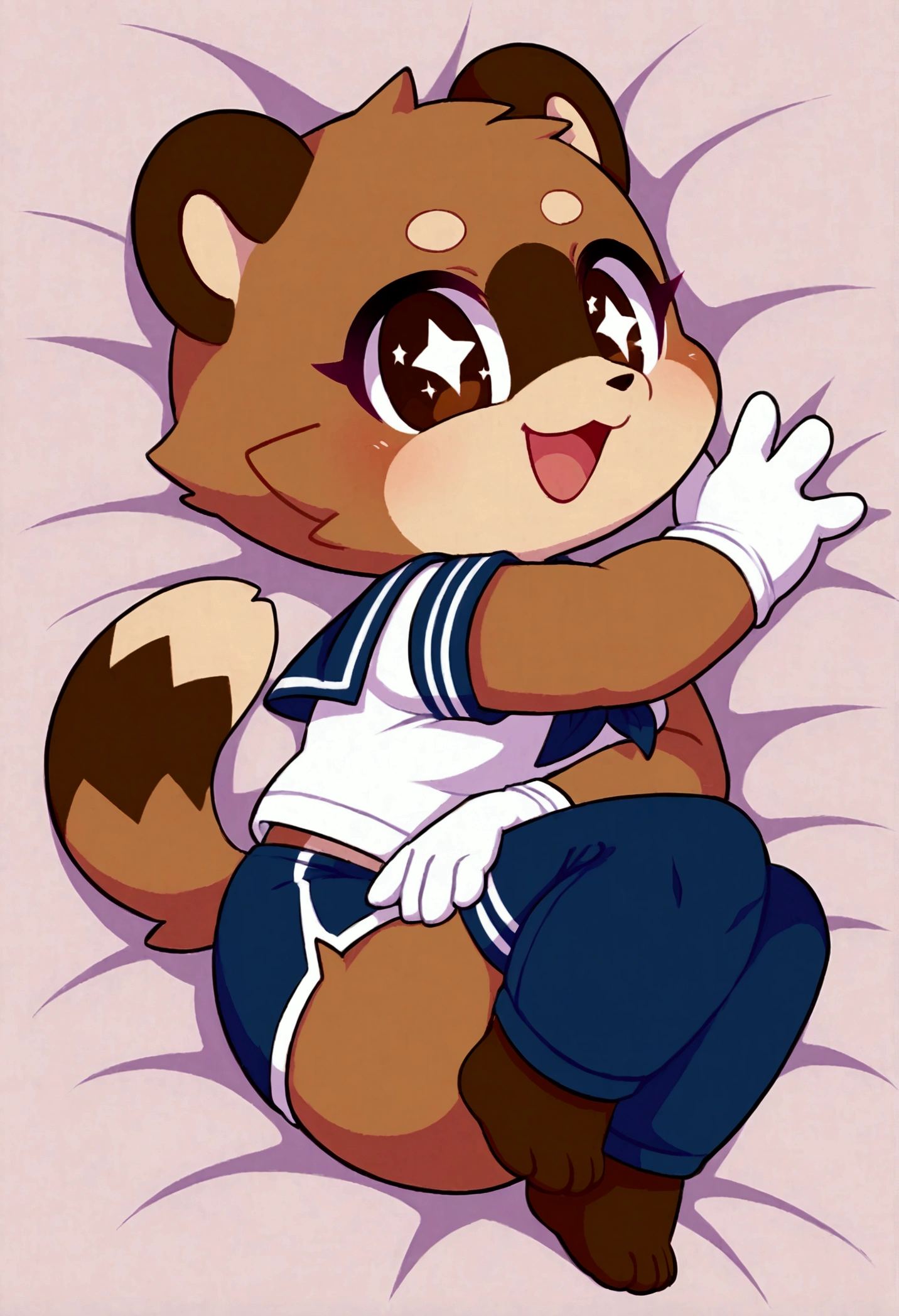 girl, tanuki, furry, bodyfur, tail, sailor suit, short sleeves, jersey pants, long pants, white gloves, barefoot, chibi, sparkling eyes, happy, full body, hand between legs, bed, lying