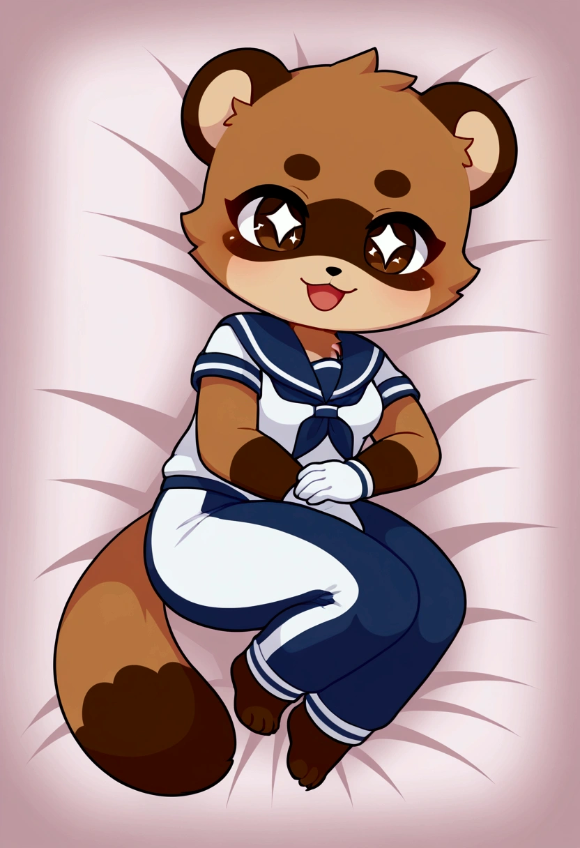 girl, tanuki, furry, bodyfur, tail, sailor suit, short sleeves, jersey pants, long pants, white gloves, barefoot, chibi, sparkling eyes, happy, full body, hand between legs, bed, lying