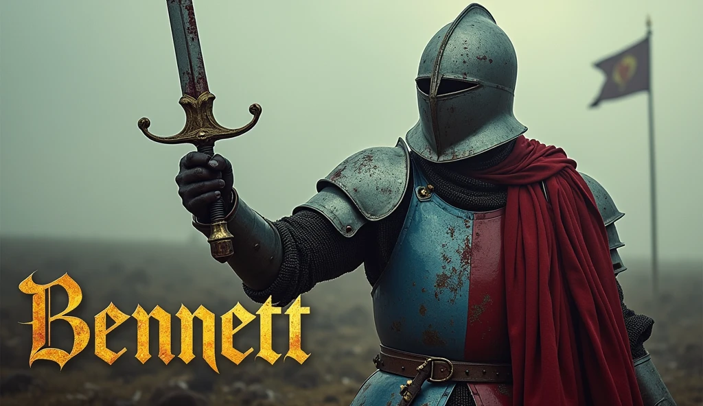 A movie poster depicting a scary knight holding a bloody two-handed sword. (medieval battered light armour & helmet, very (damaged by fighting), blue and red coat of arms, with vertical yellow thin sword simple logo pointing upwards). bloods, (He's on a battlefield with the words "Benett" written in large golden letters in the foreground).
