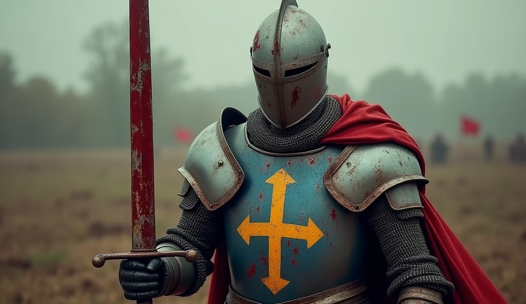 A movie poster depicting a scary knight holding a bloody two-handed sword. (medieval battered light armour & helmet, very (damaged by fighting), blue and red coat of arms, with vertical yellow thin sword simple logo pointing upwards). bloods, (He's on a battlefield with the words "Benett" written in large golden letters in the foreground).