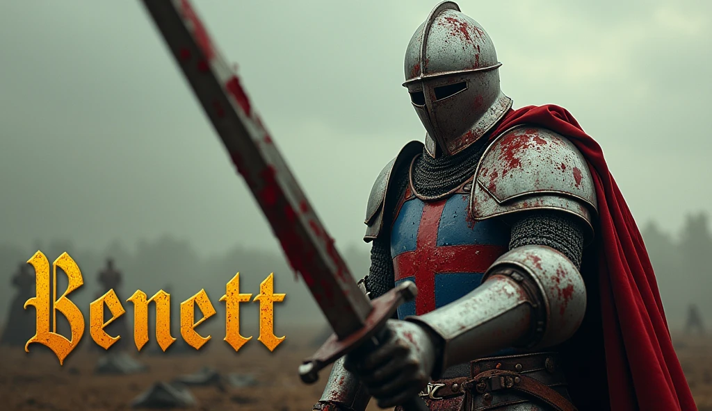 A movie poster depicting a scary knight holding a bloody two-handed sword. (medieval battered light armour & helmet, very (damaged by fighting), blue and red coat of arms, with vertical yellow thin sword simple logo pointing upwards). bloods, (He's on a battlefield with the words "Benett" written in large golden letters in the foreground).