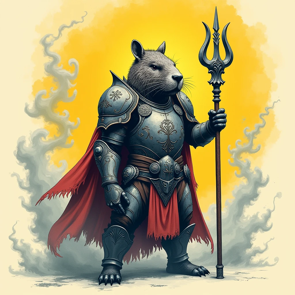 Capybara of poseidon mythology, wearing ornate armor, wielding his gray/blue tridente, minimalist black and white ink painting, vector art style, brown Hoop Rod made of swirling smoke, isolated on a solid color background, inspired by Kentaro Miura's manga, high-contrast shadows, dark fantasy, realistic textures, watercolor splashes, cinematic lighting, dramatic, dark yellow and red colors, visible paper texture, (best quality,4k,8k,highres,masterpiece:1.2),ultra-detailed,(realistic,photorealistic,photo-realistic:1.37)