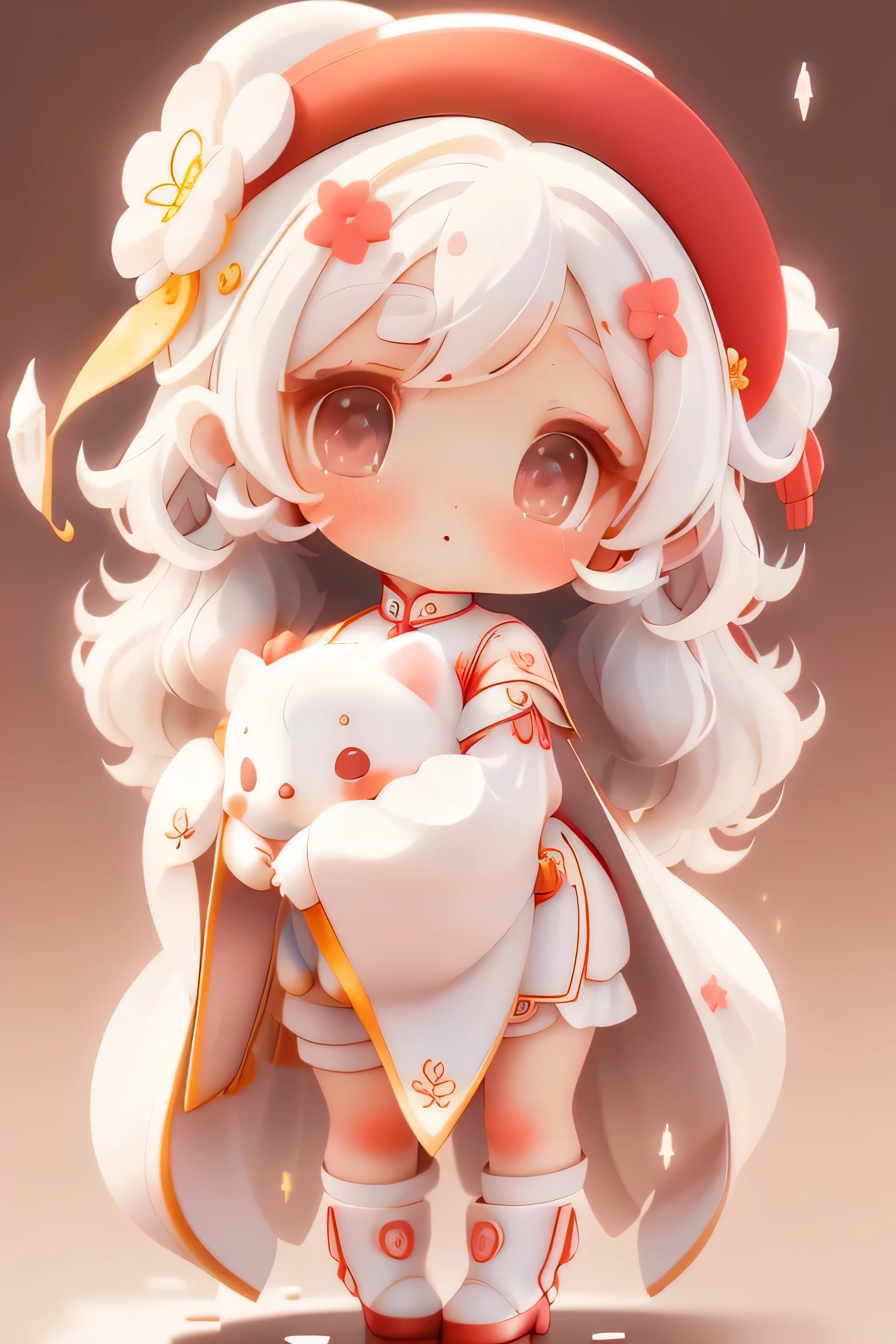 Girl Chibi, , Medium pastel red white, Luxury Fabric, Dithering, widely,Viewer Lucky Yellow White,To the daily dress、、There are no protrusions on the head、There are no protrusions on the head、Have,high quality、High resolution、Very delicate、Cute big eyes beautiful cute