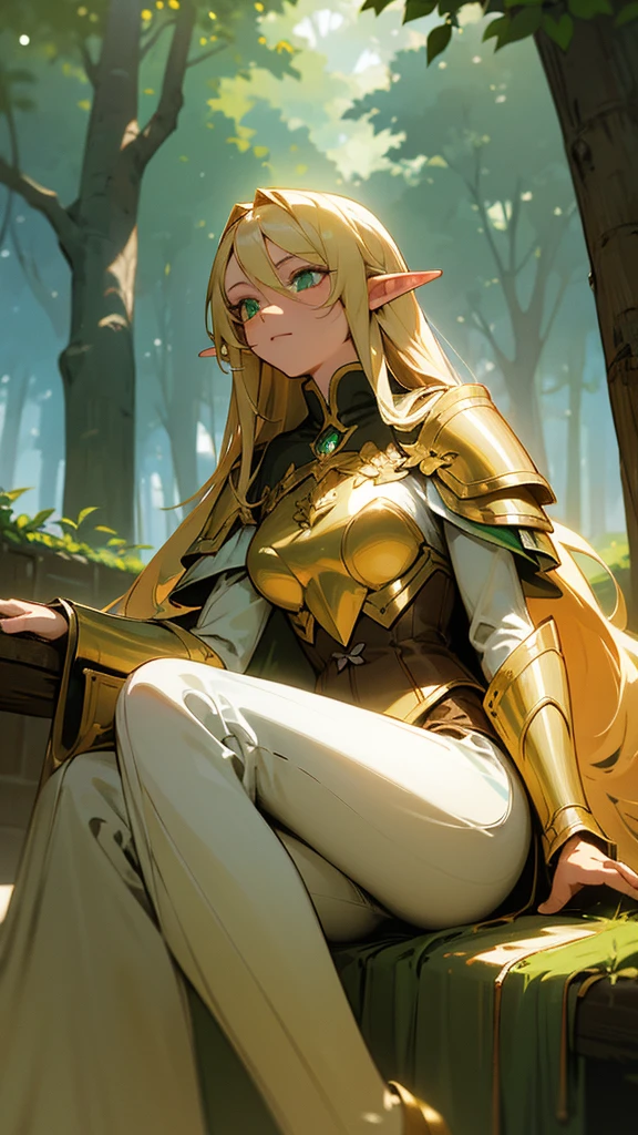 Masterpiece, best quality, anime coloring, anime shading, high sense of details, contrast colors, hd details, dappled sunlight, soft shadows, 1 elf girl with long blonde hair and green eyes, white and gold armor with elegant cape, sitting in a sunlit forest clearing, gentle breeze, calm expression