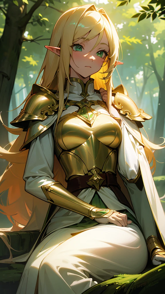 Masterpiece, best quality, anime coloring, anime shading, high sense of details, contrast colors, hd details, dappled sunlight, soft shadows, 1 elf girl with long blonde hair and green eyes, white and gold armor with elegant cape, sitting in a sunlit forest clearing, gentle breeze, calm expression