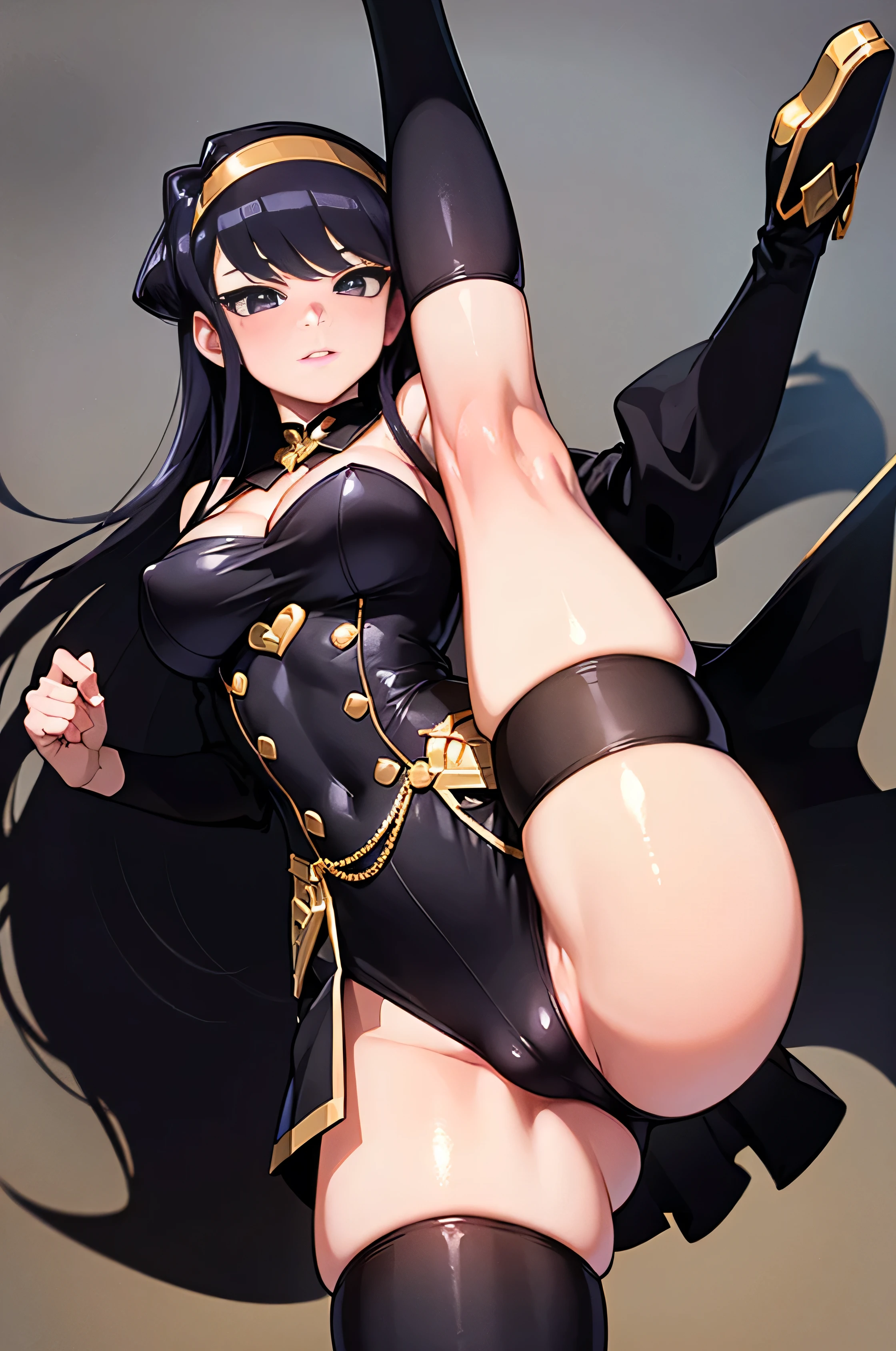 masterpiece, best quality:1.4), (standing on one leg:1.2), (standing split:1.3), 1girl, solo, komi shouko, 1girl, purple eyes, black thighhighs, boots, fingerless gloves, gold hairband, black short dress, cleavage, medium breast, medium , looking at viewer, beautifull smile, beautiful face, highly detailed face, highly detailed eyes, subsurface scattering, realistic pupils, full face blush, full lips, detailed background, depth of field, volumetric lighting, sharp focus, absurdres, realistic proportions, 16k hdr, fullbody, hand holding one leg up, musclar, abs, flexible, dojo, toned, musclar legs, detailed legs, detailed body