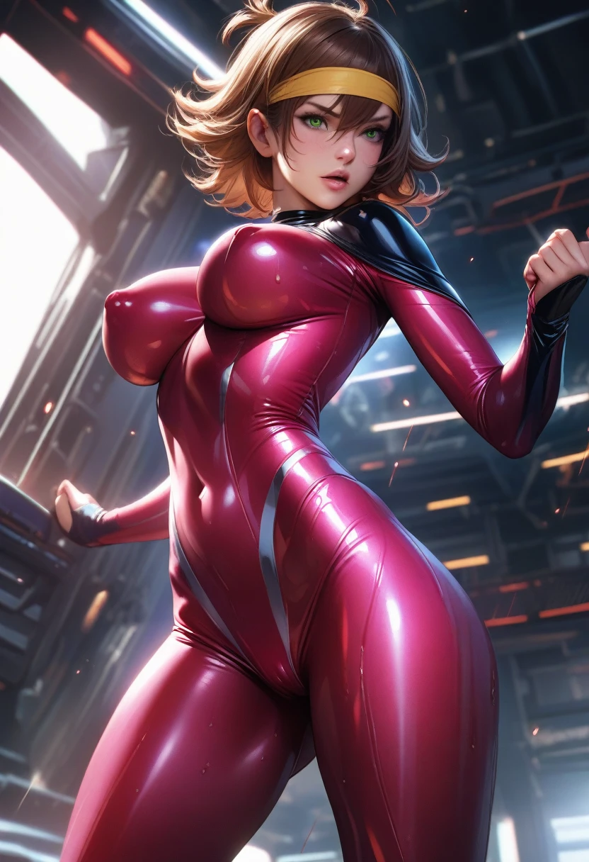 Rain Mikamura,yellow headband,perfect hands, perfect finger,perfect anatomy, masterpiece, best quality,realistic, hyperrealistic, 16k hdr,1girl, large breasts,erected nipples,brown hair, medium hair,green eyes,mobile trace suit, shoulder armor with antenna,pink and black latex bodysuit,skin tight,fighting pose, cockpit,from below,red blush,spread legs,cameltoe,(from behind,ass,looking back)