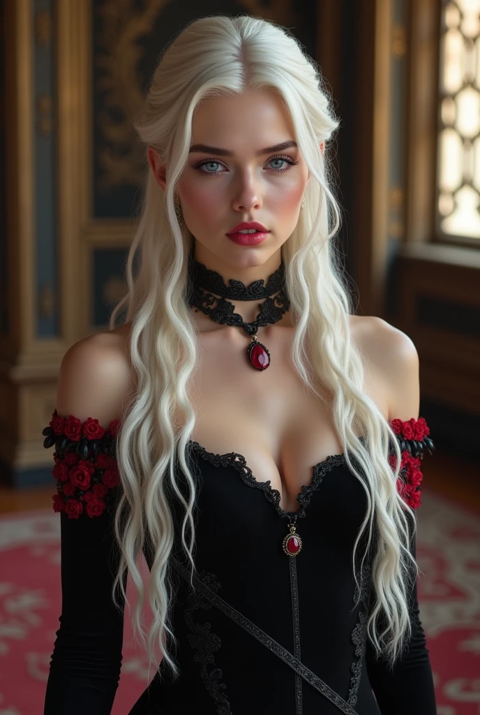 Beautiful young woman with androgynous features, long platinum or silver blonde hair and violet eyes/ripped lilac. White skin. high. hourglass body.

She wears a black dress with red details on exposed shoulders, a black necklace with a ruby.

House of the dragon. Targaryen. Royals.