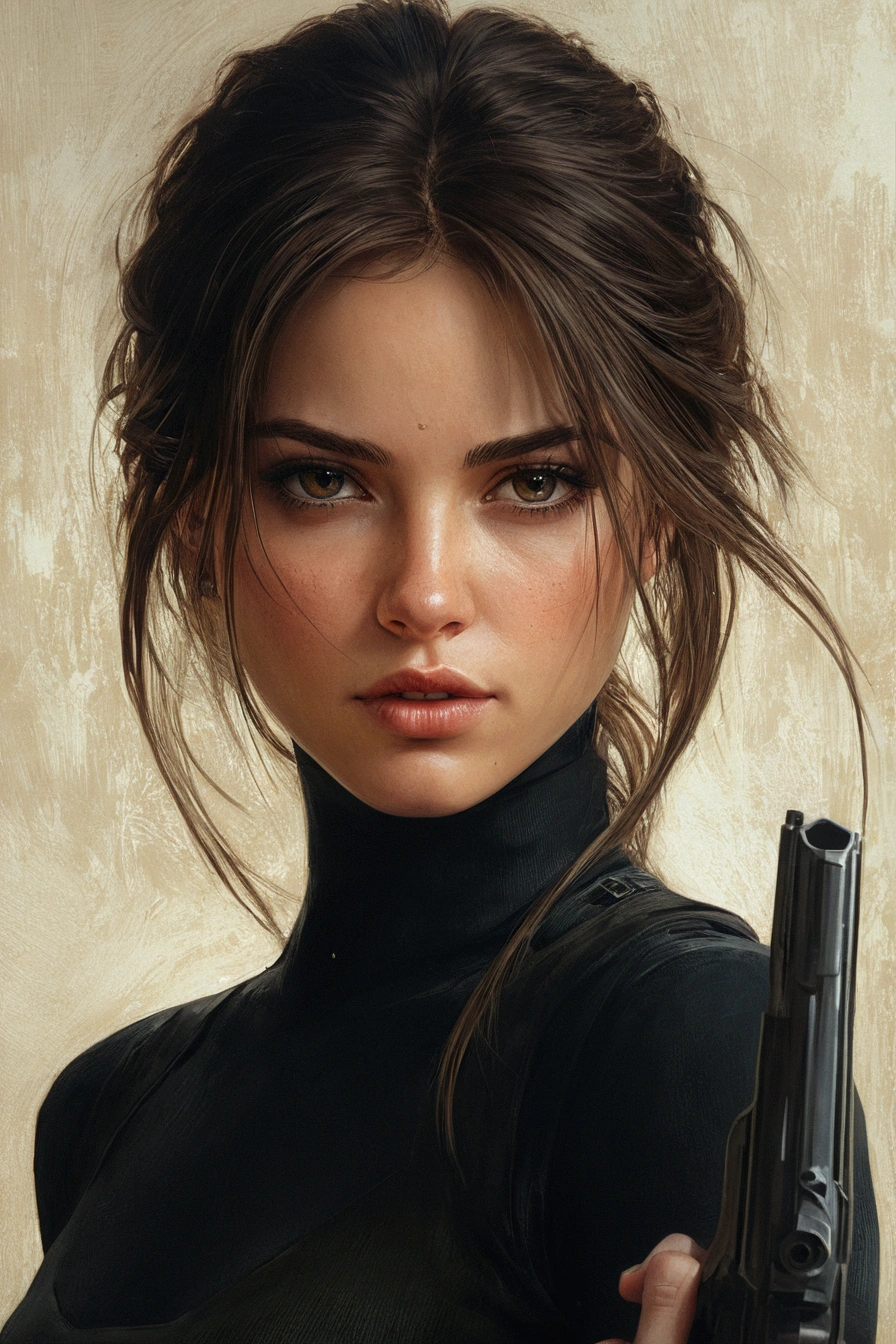 UHD ultra precise 8K digital copy of a arafed image of a woman holding a gun in her hand, wojtek fus, stunning character art, beautiful digital artwork, alena aenami and artgerm, beautiful character painting, gorgeous digital painting, cgsociety portrait, portrait of lara croft, realistic digital art 4 k, realistic digital art 4k, karol bak uhd
