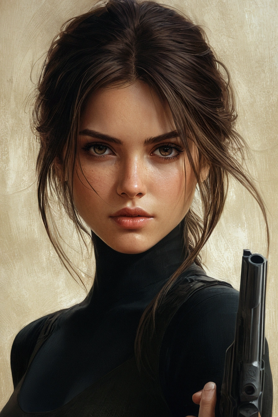 UHD ultra precise 8K digital copy of a arafed image of a woman holding a gun in her hand, wojtek fus, stunning character art, beautiful digital artwork, alena aenami and artgerm, beautiful character painting, gorgeous digital painting, cgsociety portrait, portrait of lara croft, realistic digital art 4 k, realistic digital art 4k, karol bak uhd